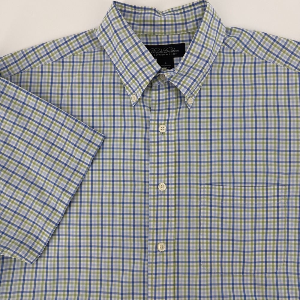 Brooks Brothers Mens Large Blue Green Tattersall Plaid Short Sleeve Button Down